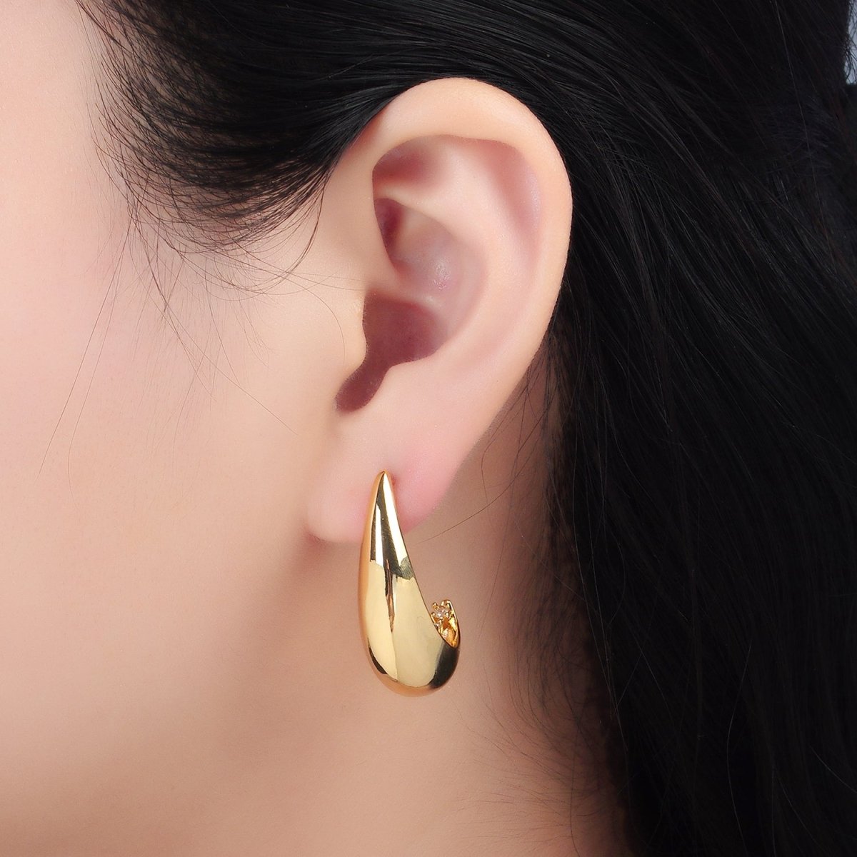 24K Gold Filled 30mm CZ Lined J-Shaped Hoop Earrings | AD658