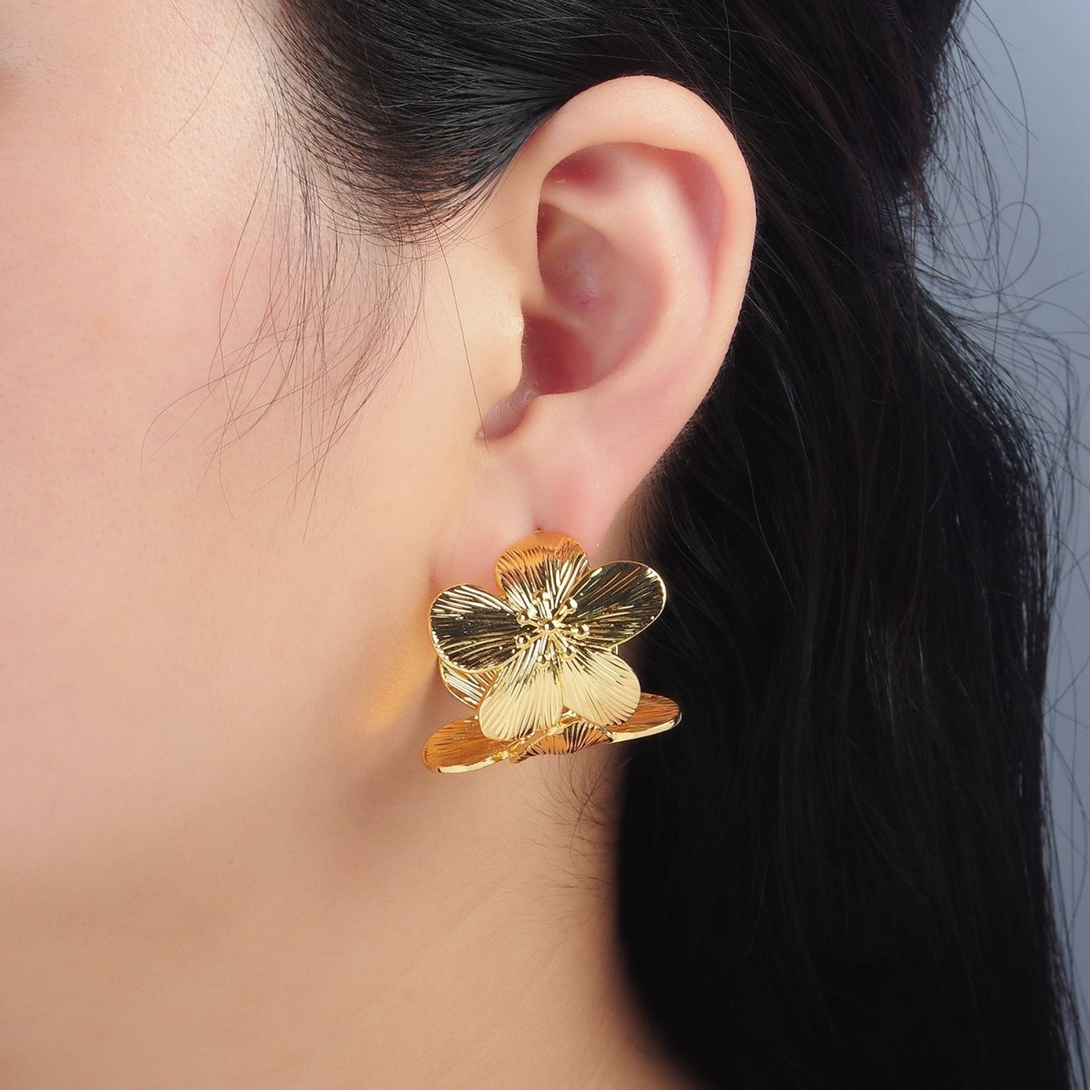 24K Gold Filled 30mm Flower Textured Wide C-Shaped Hoop Earrings | T215
