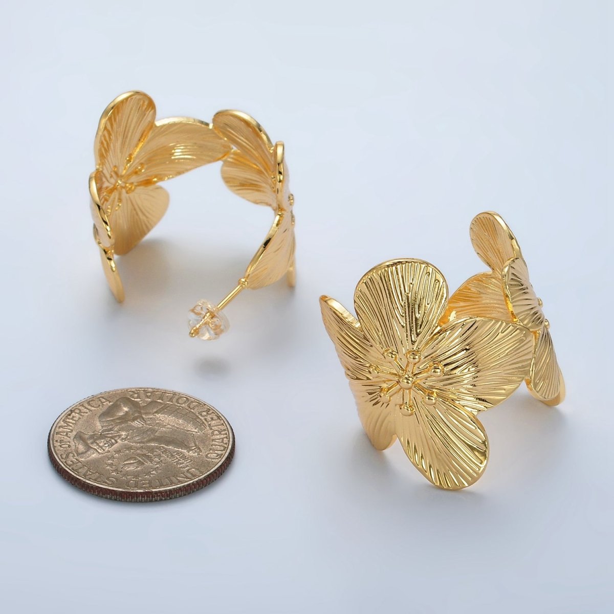24K Gold Filled 30mm Flower Textured Wide C-Shaped Hoop Earrings | T215