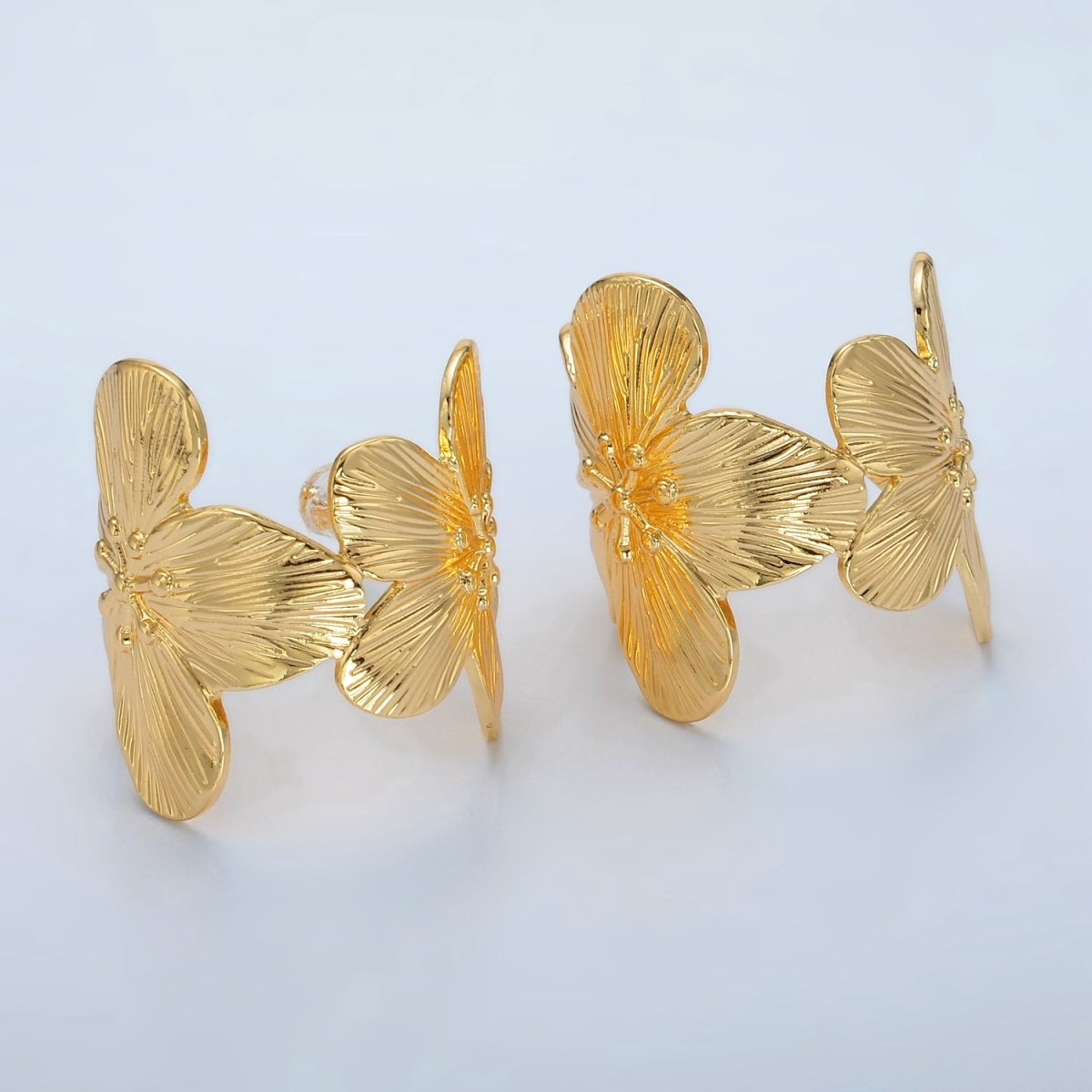 24K Gold Filled 30mm Flower Textured Wide C-Shaped Hoop Earrings | T215