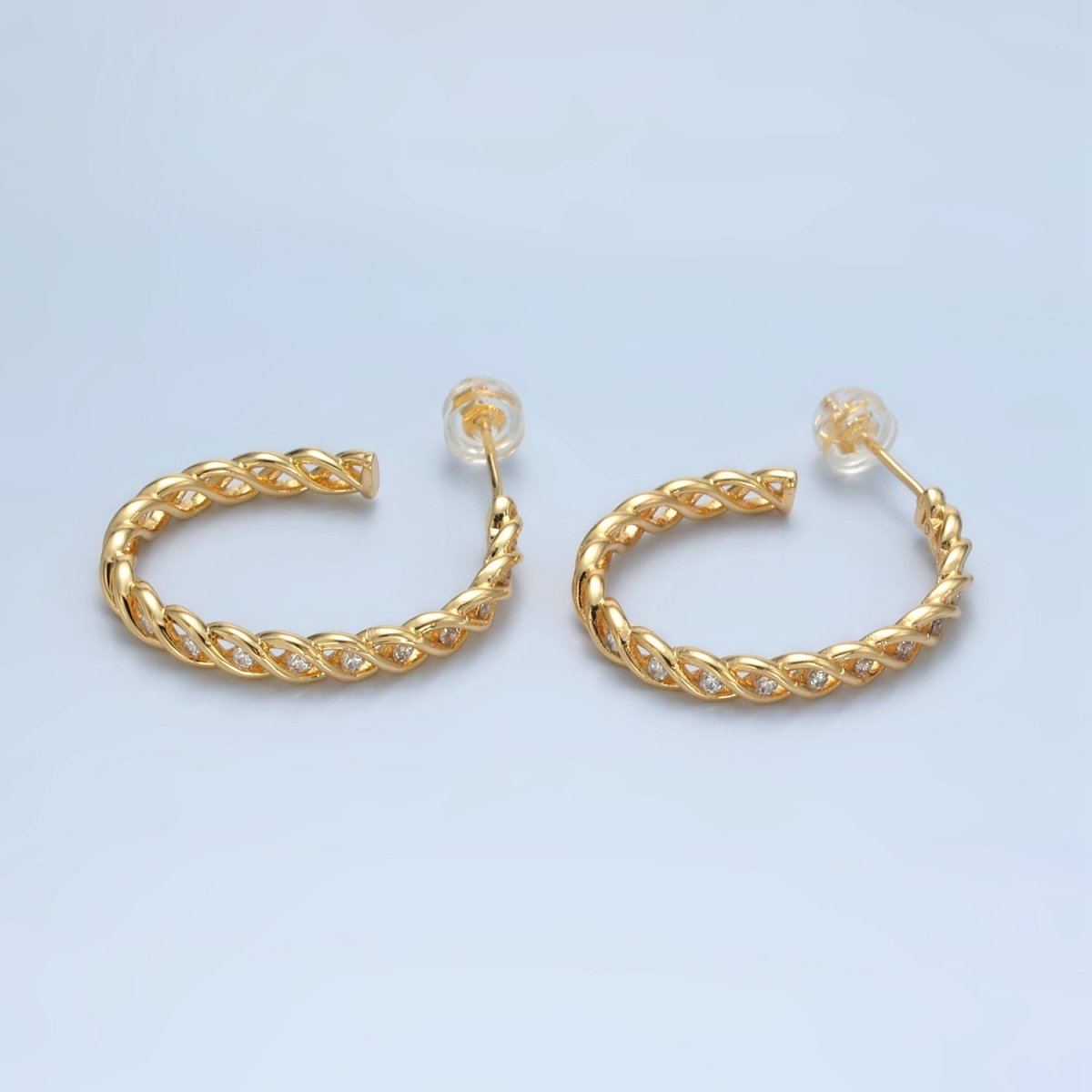 24K Gold Filled 30mm Multicolor, Clear CZ Twisted C-Shaped Hoop Earrings | AD734 AD735