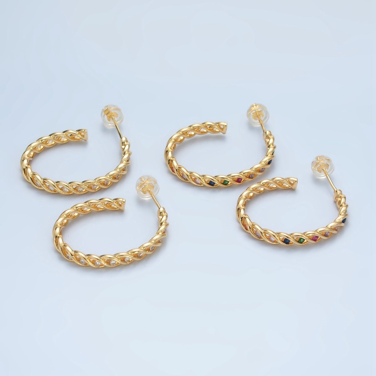 24K Gold Filled 30mm Multicolor, Clear CZ Twisted C-Shaped Hoop Earrings | AD734 AD735