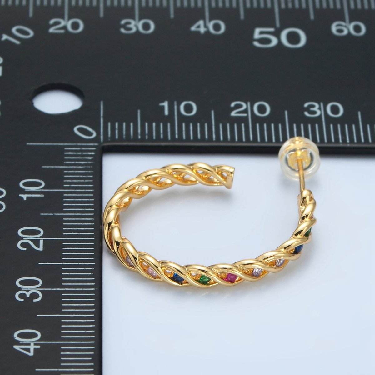 24K Gold Filled 30mm Multicolor, Clear CZ Twisted C-Shaped Hoop Earrings | AD734 AD735