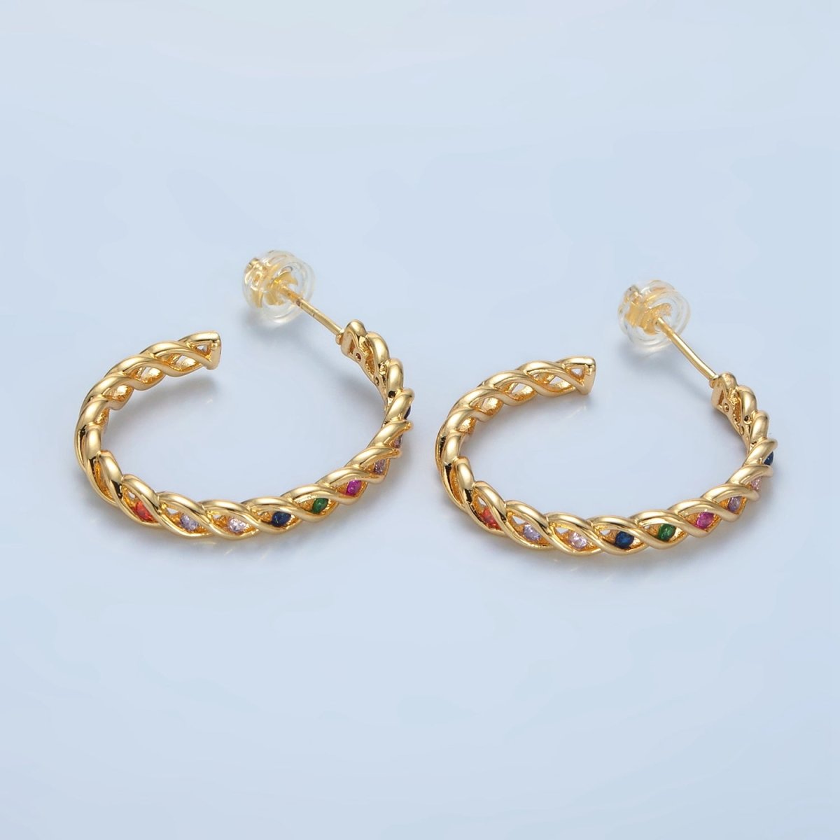 24K Gold Filled 30mm Multicolor, Clear CZ Twisted C-Shaped Hoop Earrings | AD734 AD735