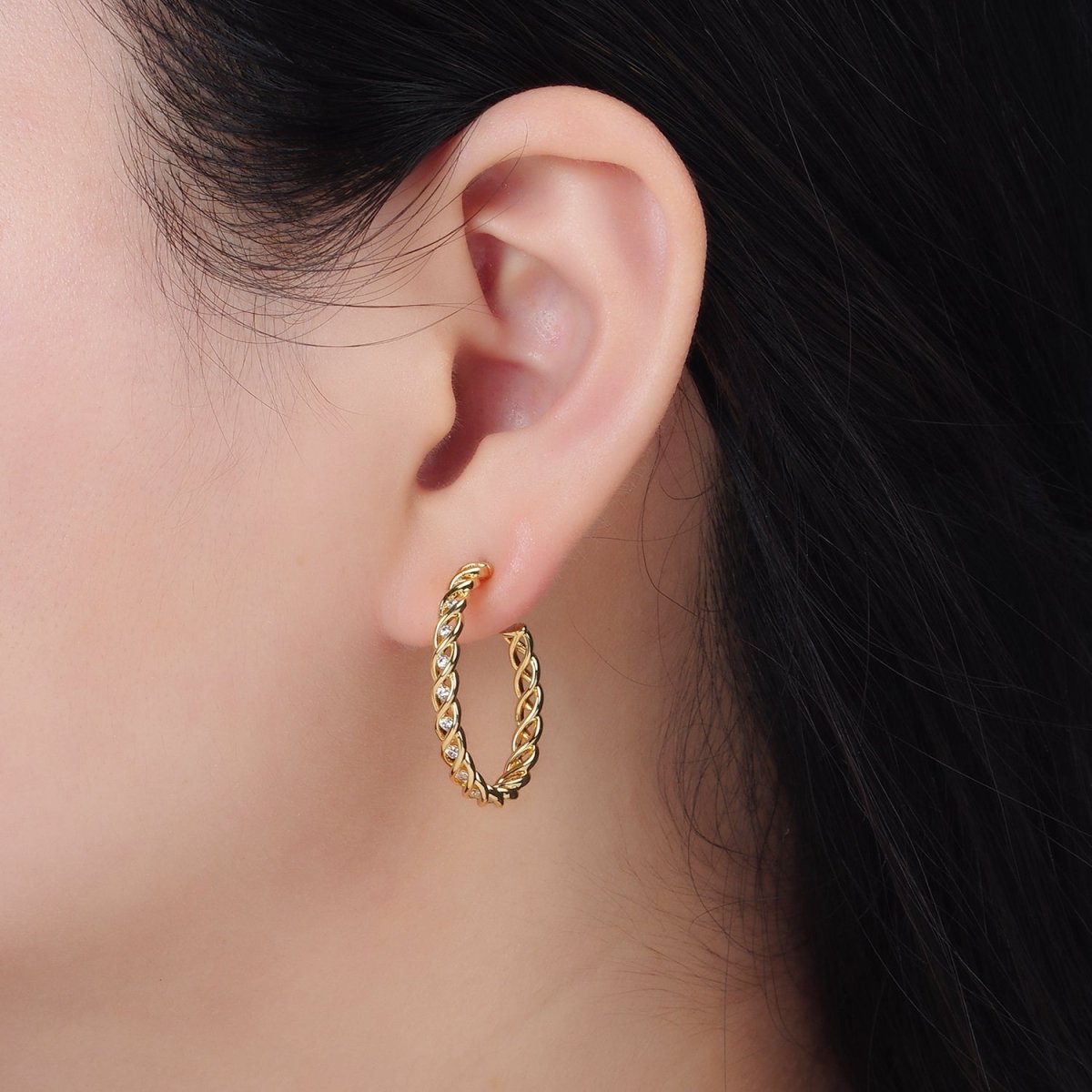 24K Gold Filled 30mm Multicolor, Clear CZ Twisted C-Shaped Hoop Earrings | AD734 AD735