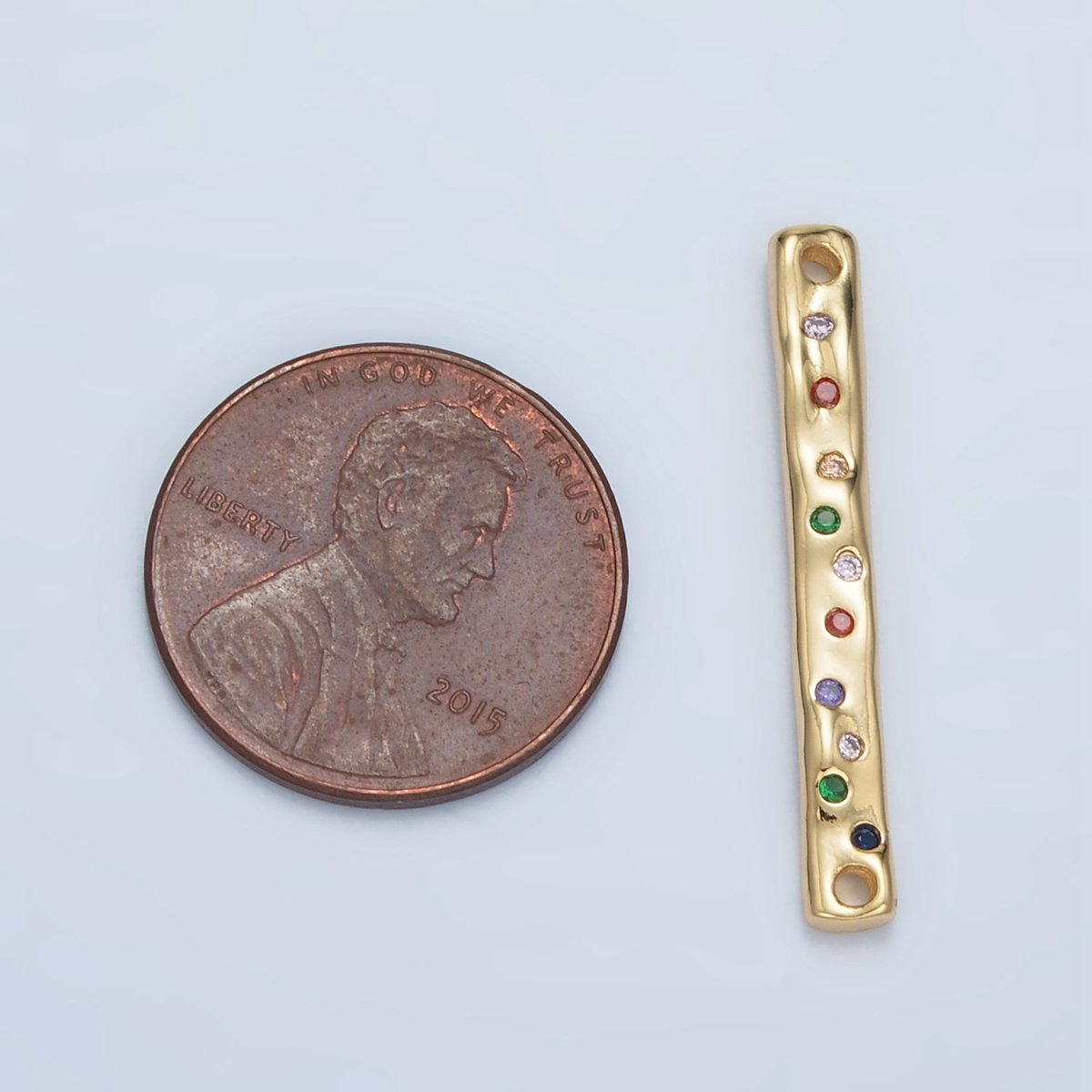 24K Gold Filled 30mm Multicolor CZ Dotted Hammered Bar Connector | F235
