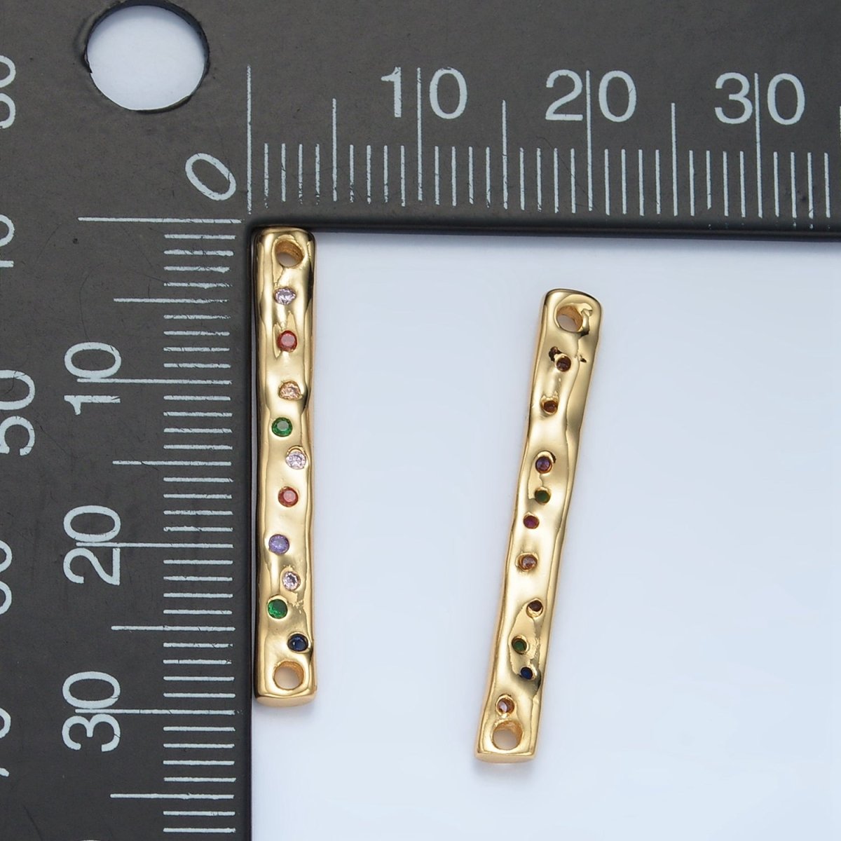 24K Gold Filled 30mm Multicolor CZ Dotted Hammered Bar Connector | F235