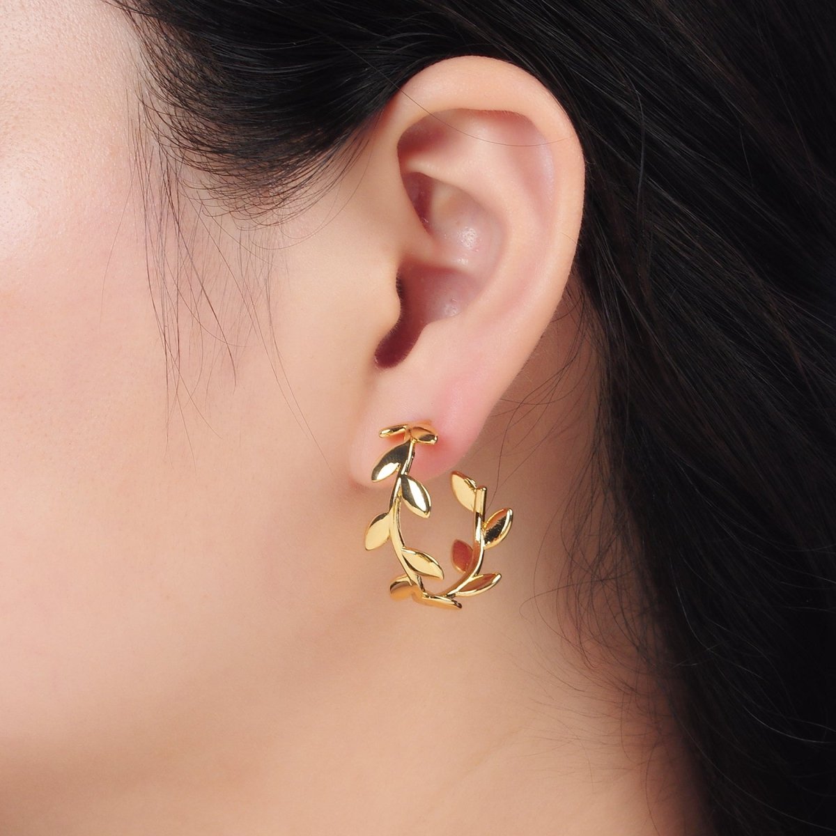 24K Gold Filled 30mm Nature Leaf C-Shaped Hoop Earrings | AB1232