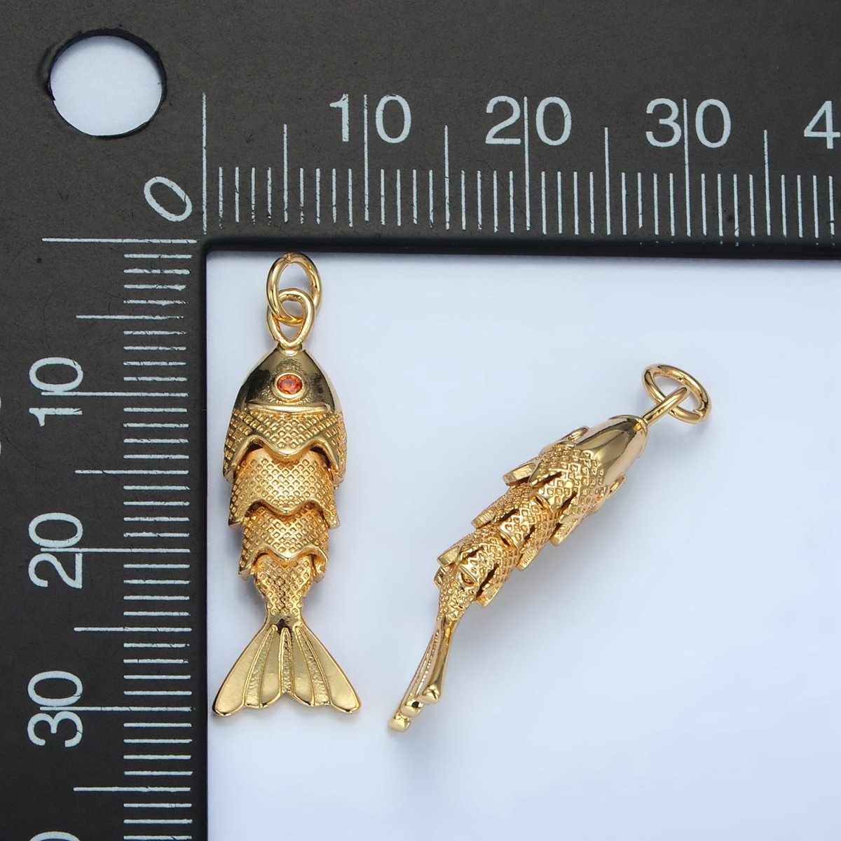 24K Gold Filled 30mm Orange CZ Multidimensional Textured Fish Sea Animal Charm | E049