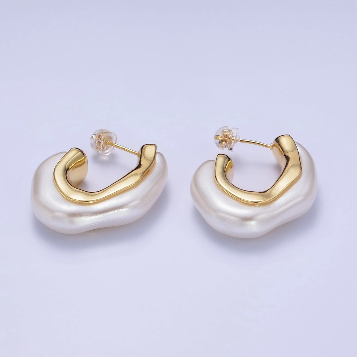 24K Gold Filled 30mm Shell Pearl Geometric J-Shaped Hoop Earrings | Q193
