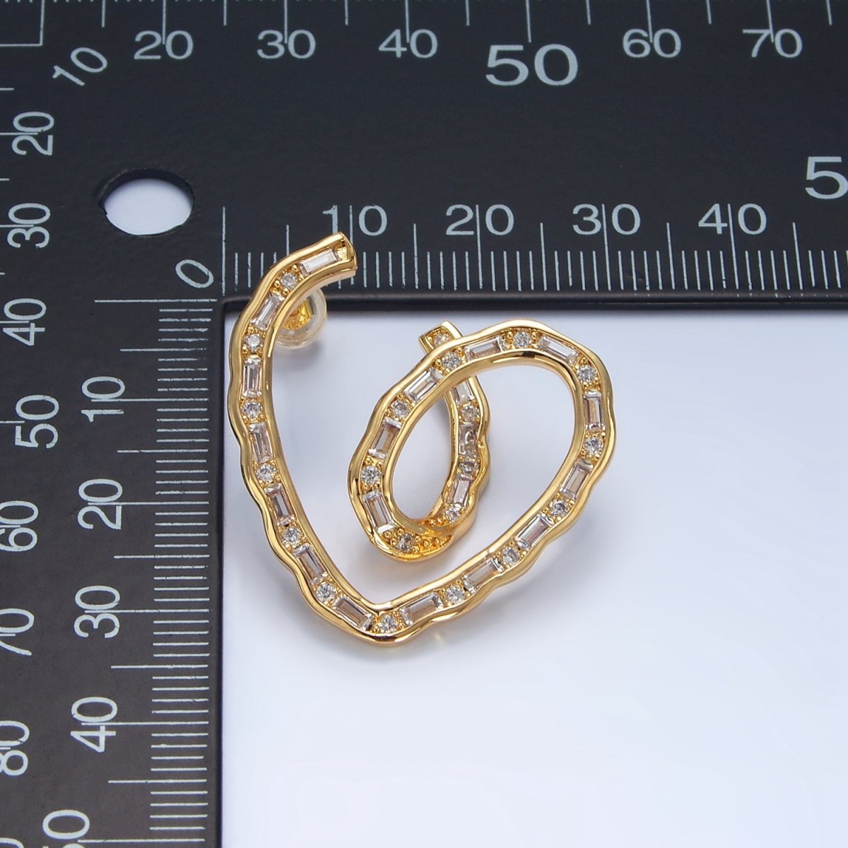 24K Gold Filled 35mm Baguette CZ Curved Heart Stud Earrings | P030