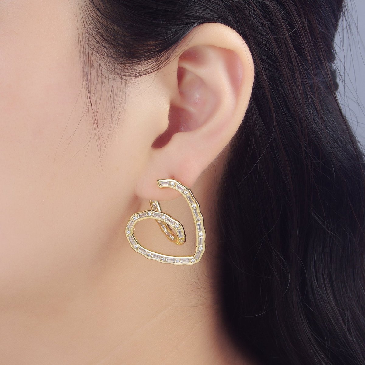 24K Gold Filled 35mm Baguette CZ Curved Heart Stud Earrings | P030
