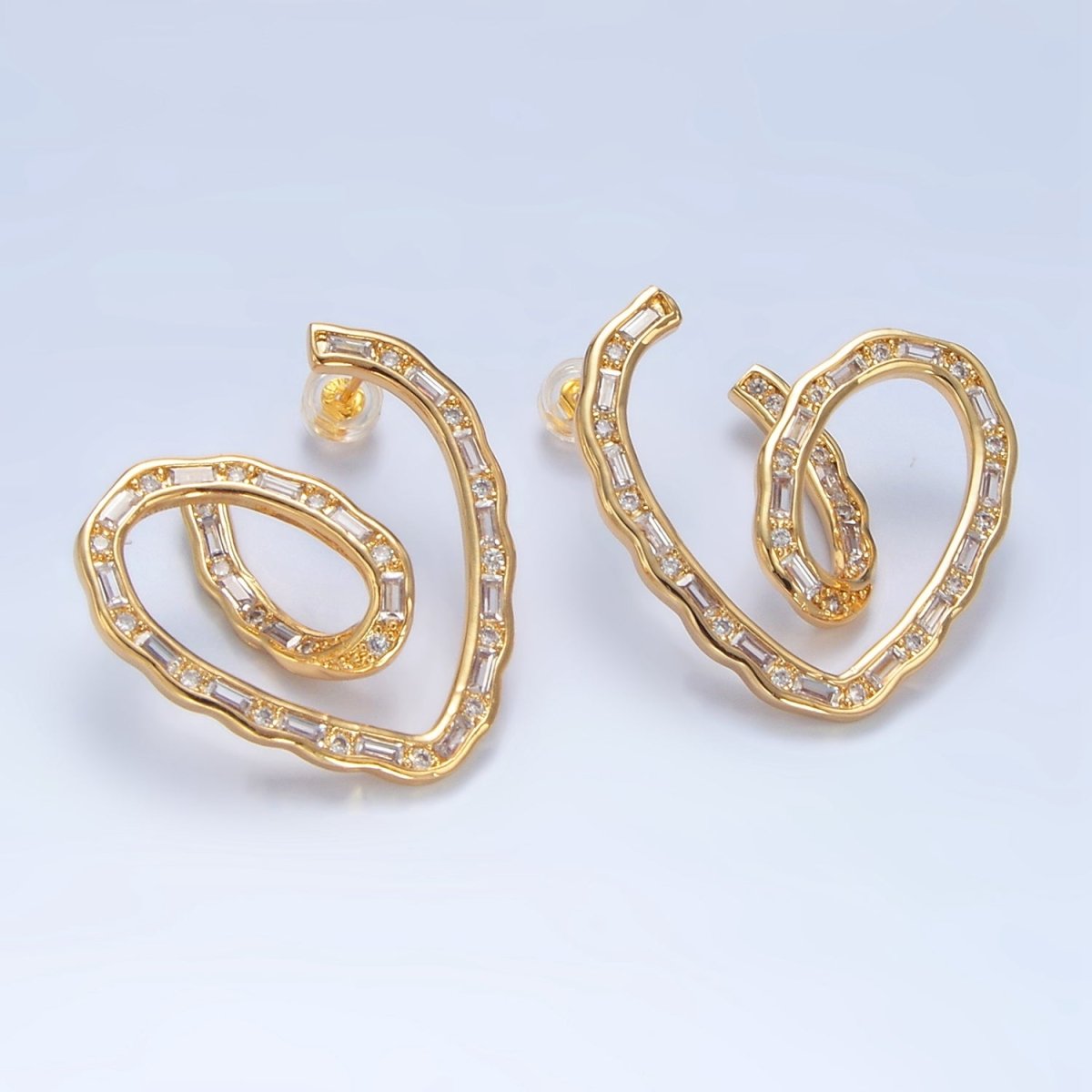 24K Gold Filled 35mm Baguette CZ Curved Heart Stud Earrings | P030