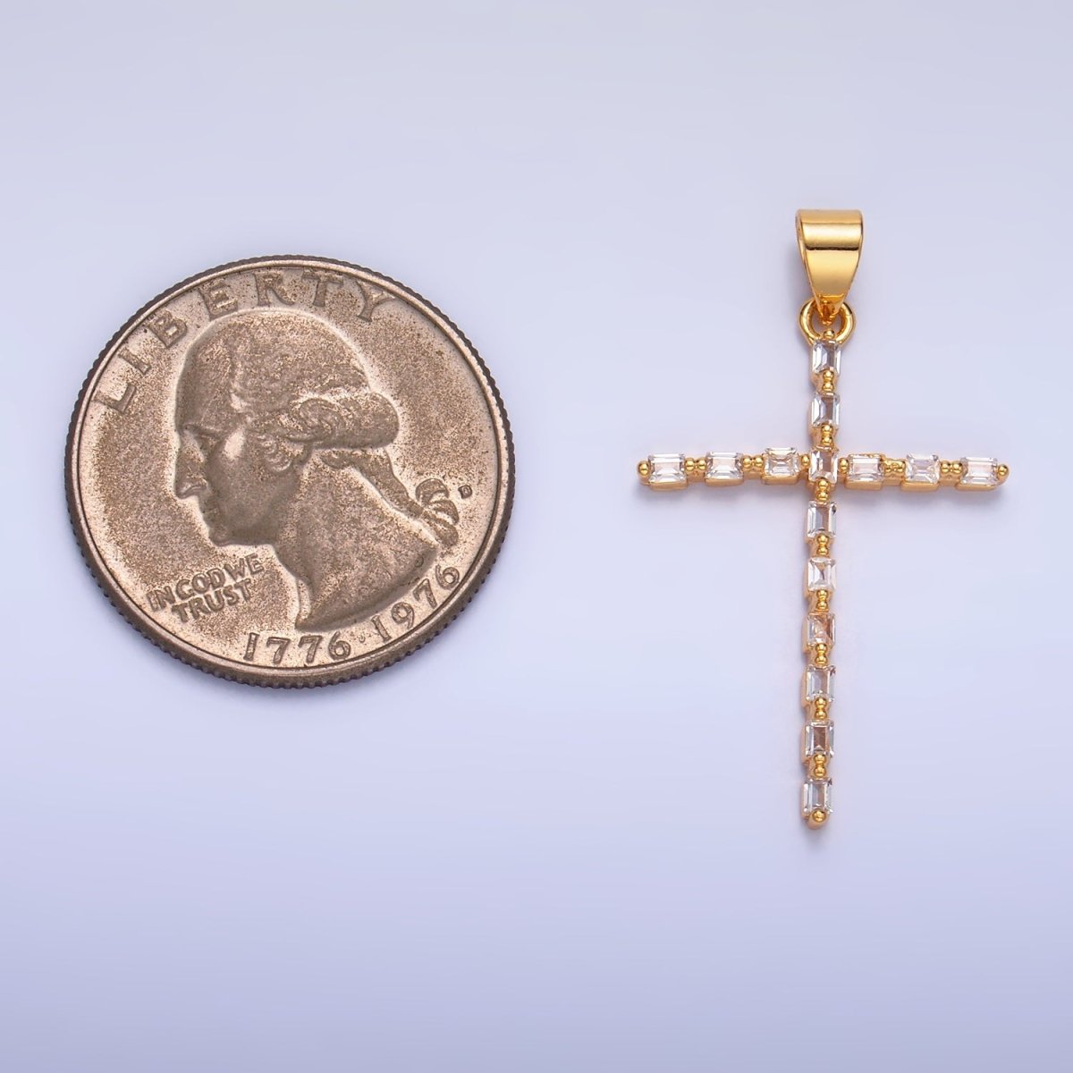 24K Gold Filled 35mm Clear CZ Baguette Religious Cross Pendant | I244