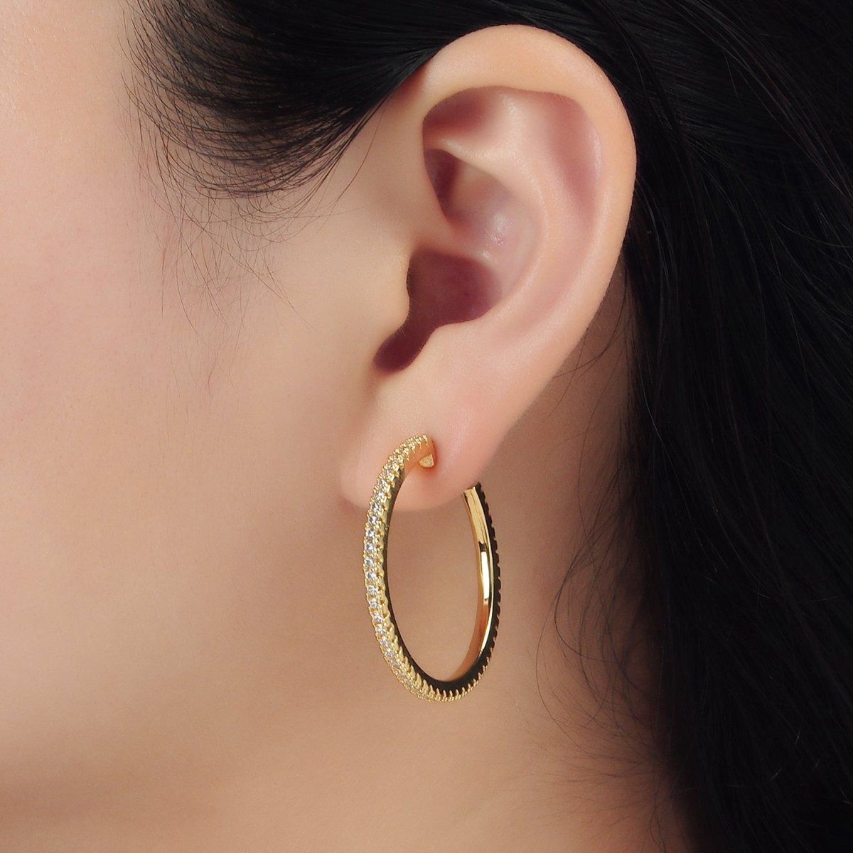 24K Gold Filled 35mm Clear Micro Paved CZ C-Shaped Hoop Earrings | AD761