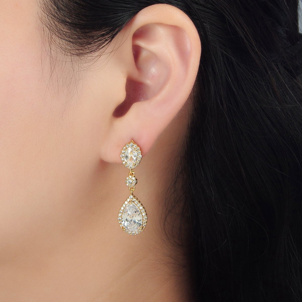 24K Gold Filled 35mm Geometric Clear CZ Micro Paved Drop Stud Earrings | AD751