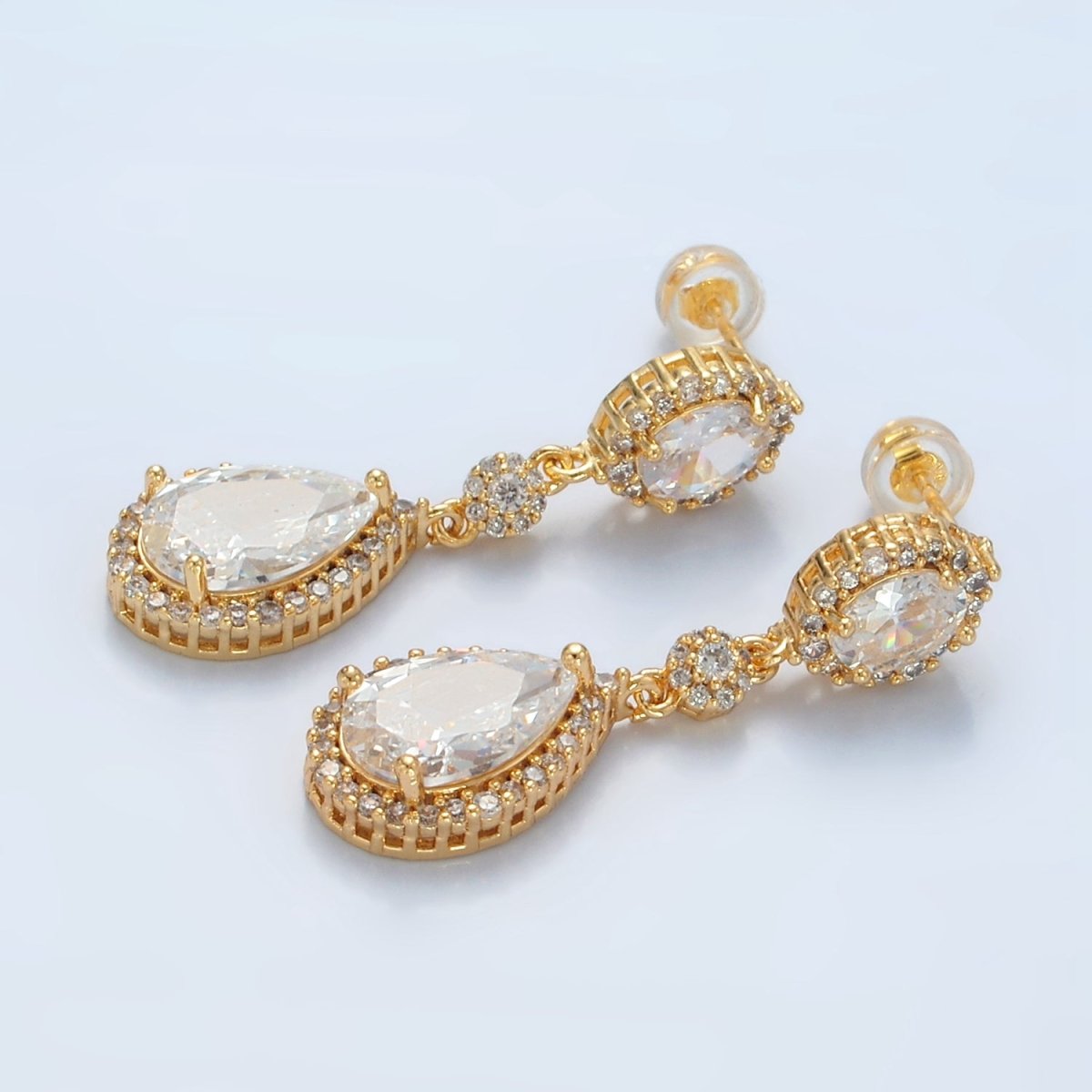 24K Gold Filled 35mm Geometric Clear CZ Micro Paved Drop Stud Earrings | AD751