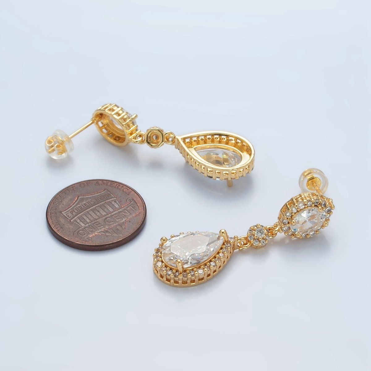 24K Gold Filled 35mm Geometric Clear CZ Micro Paved Drop Stud Earrings | AD751