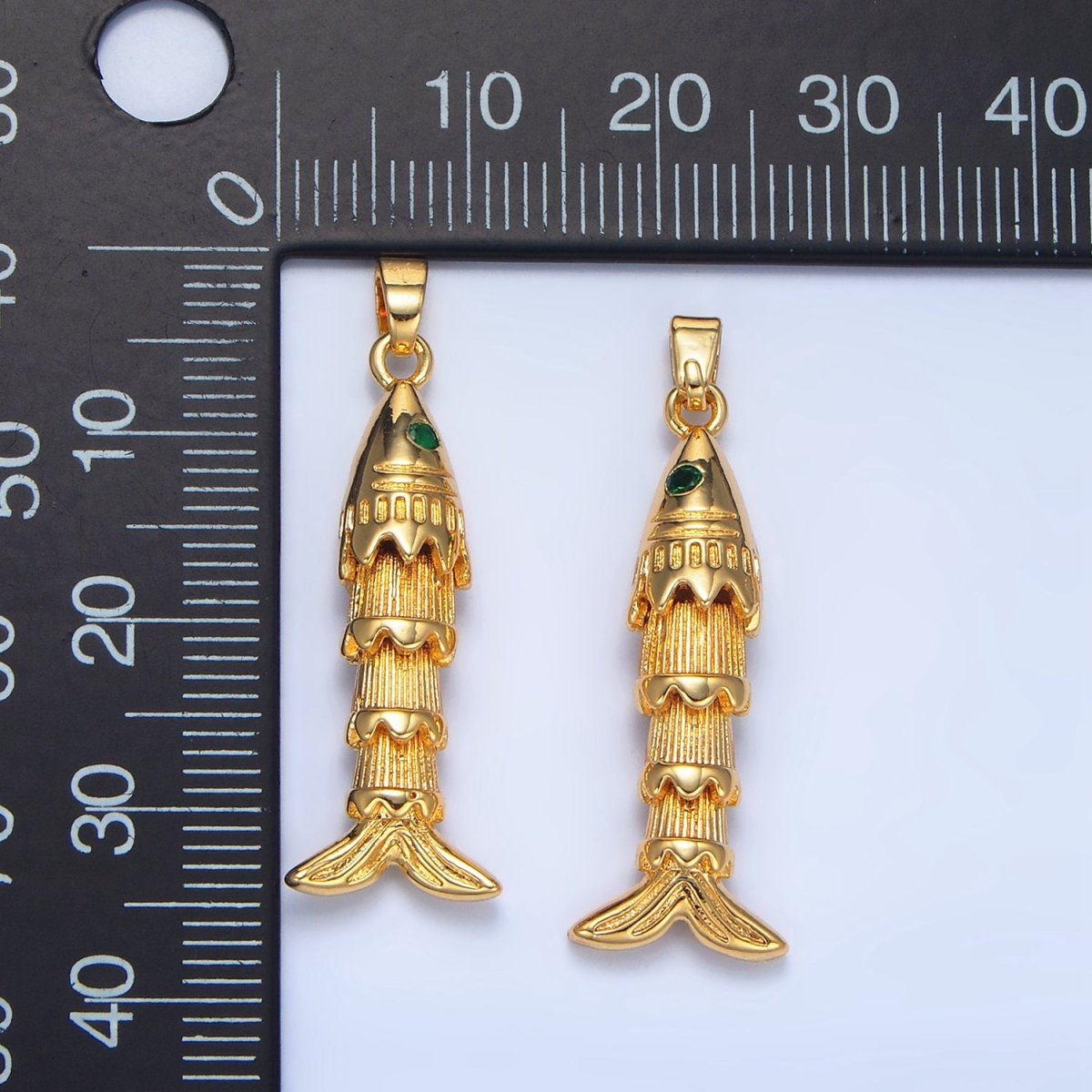 24K Gold Filled 35mm Green CZ Multidimensional Artisan Fish Charm | AA967
