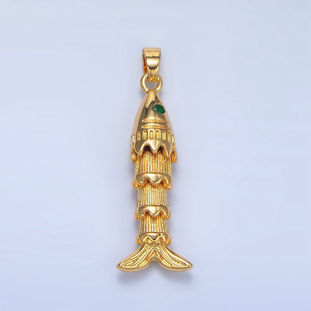 24K Gold Filled 35mm Green CZ Multidimensional Artisan Fish Charm | AA967
