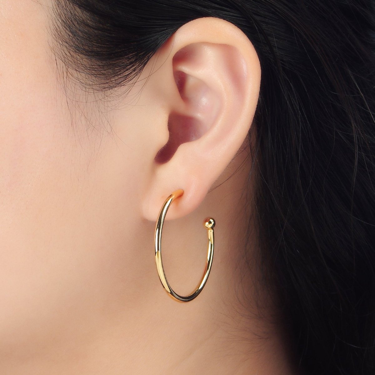 24K Gold Filled 35mm Minimalist Ball C-Shaped Hoop Earrings | AD758