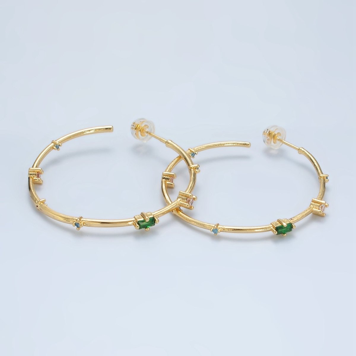 24K Gold Filled 40mm Clear Green Baguette CZ C-Shaped Hoop Earrings | Q300