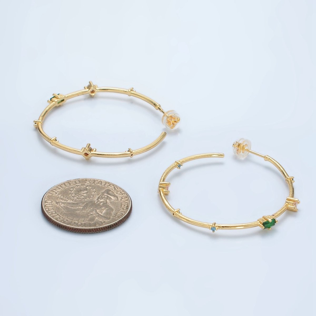 24K Gold Filled 40mm Clear Green Baguette CZ C-Shaped Hoop Earrings | Q300