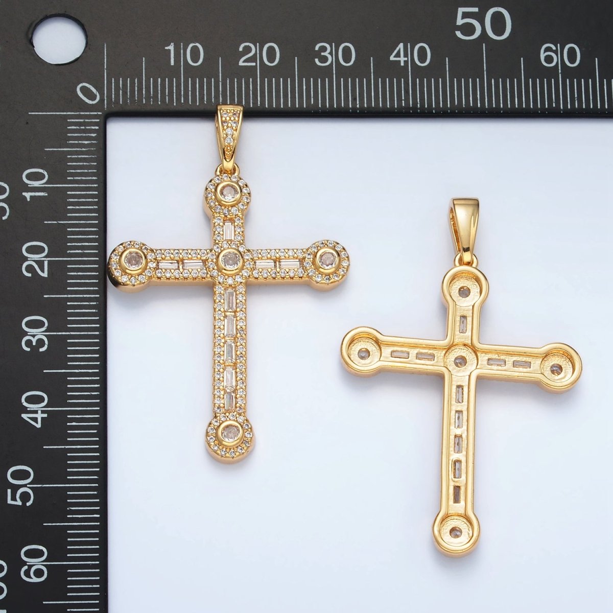 24K Gold Filled 43mm Clear CZ Baguette Micro Paved Cross Pendant | AA1394
