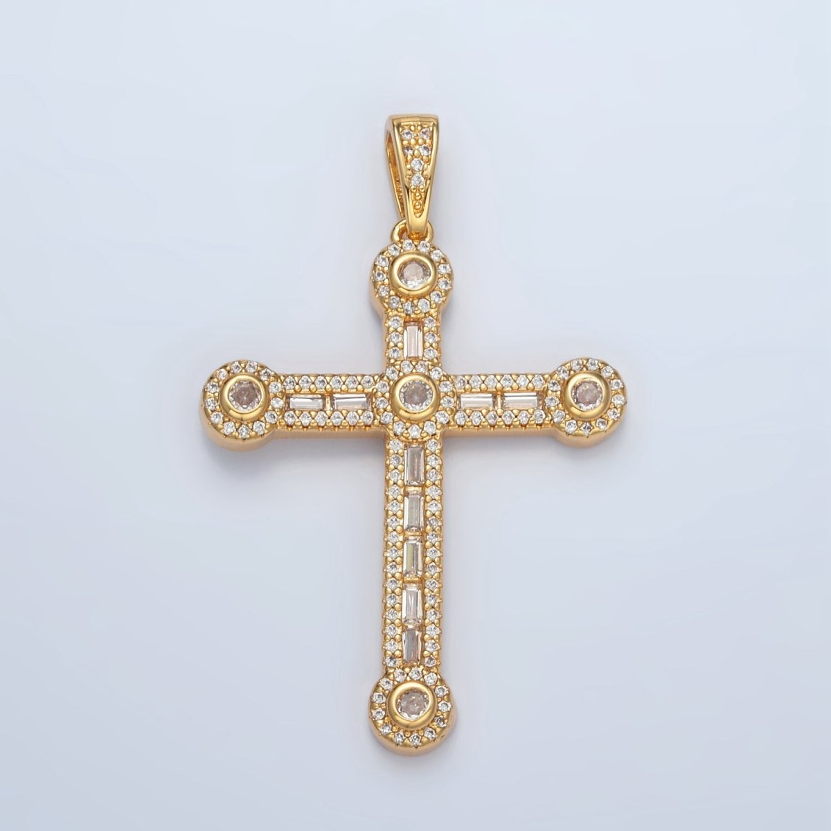 24K Gold Filled 43mm Clear CZ Baguette Micro Paved Cross Pendant | AA1394