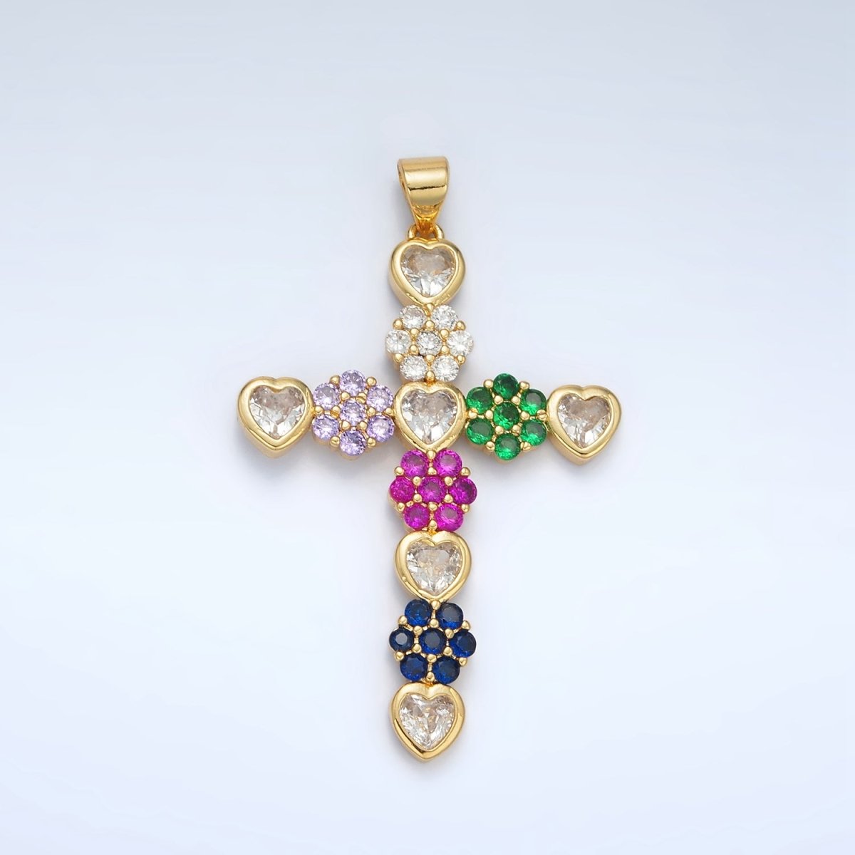24K Gold Filled 45mm Multicolor Heart Flower Cross Pendant | AH188