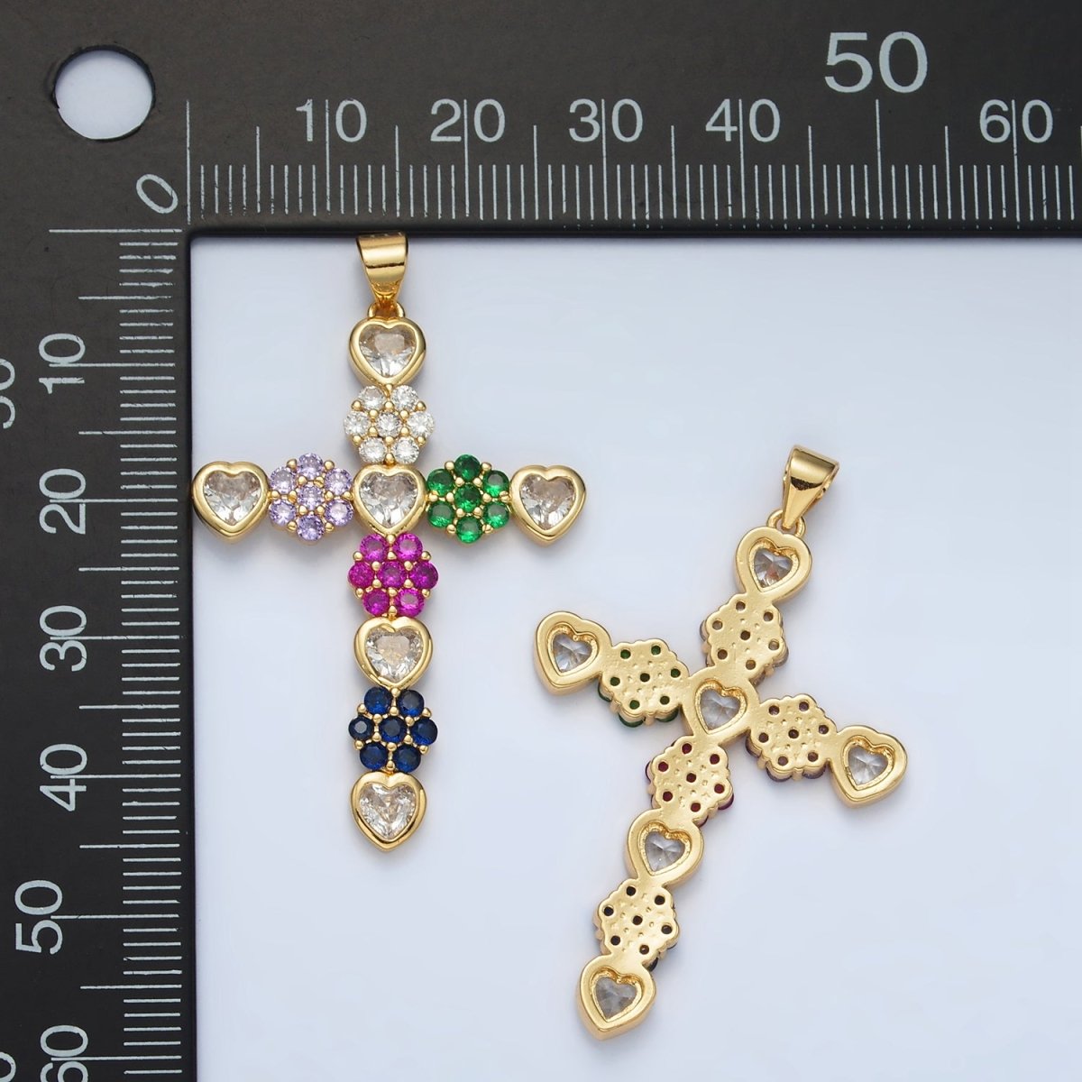24K Gold Filled 45mm Multicolor Heart Flower Cross Pendant | AH188
