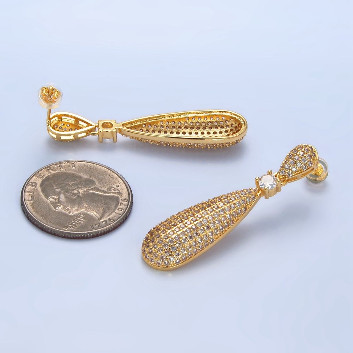 24K Gold Filled 45mm Teardrop CZ Micro Paved Double Drop Stud Earrings | AD777