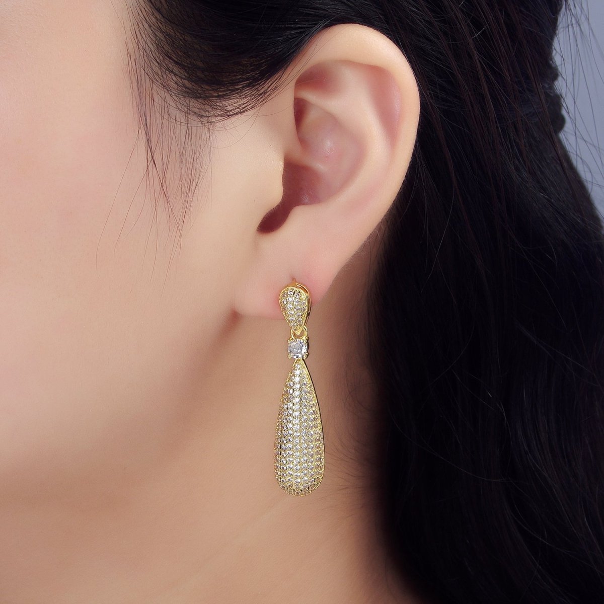 24K Gold Filled 45mm Teardrop CZ Micro Paved Double Drop Stud Earrings | AD777