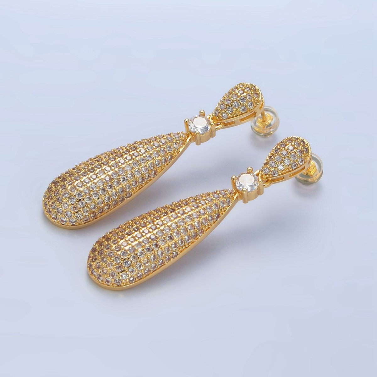 24K Gold Filled 45mm Teardrop CZ Micro Paved Double Drop Stud Earrings | AD777