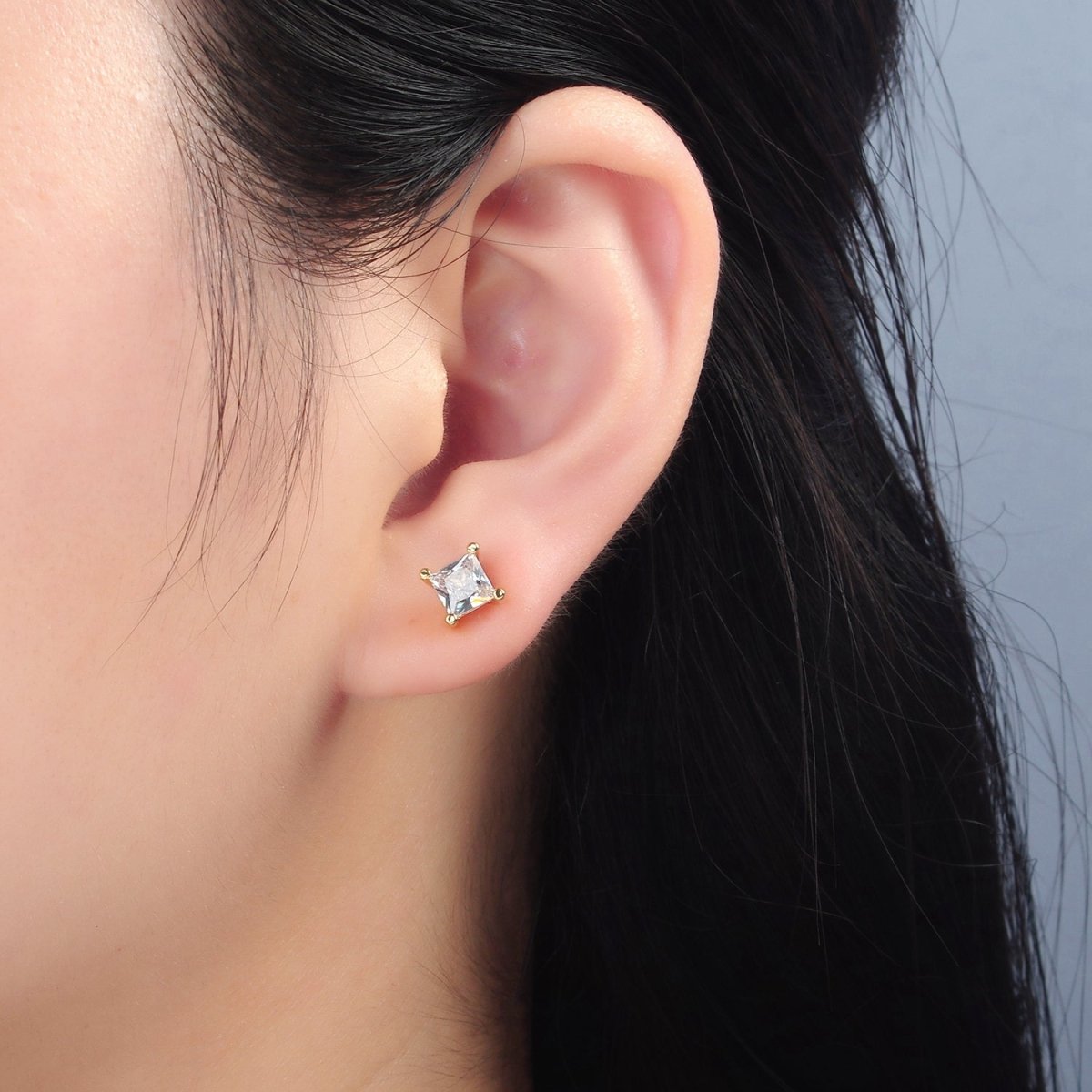 24K Gold Filled 6.3mm Clear CZ Square Baguette Stud Earrings | AB1223