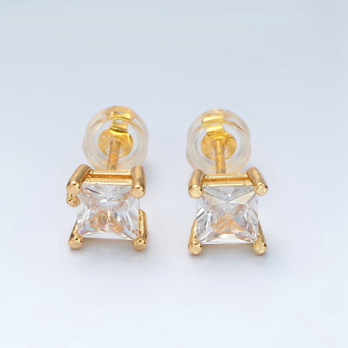 24K Gold Filled 6.3mm Clear CZ Square Baguette Stud Earrings | AB1223