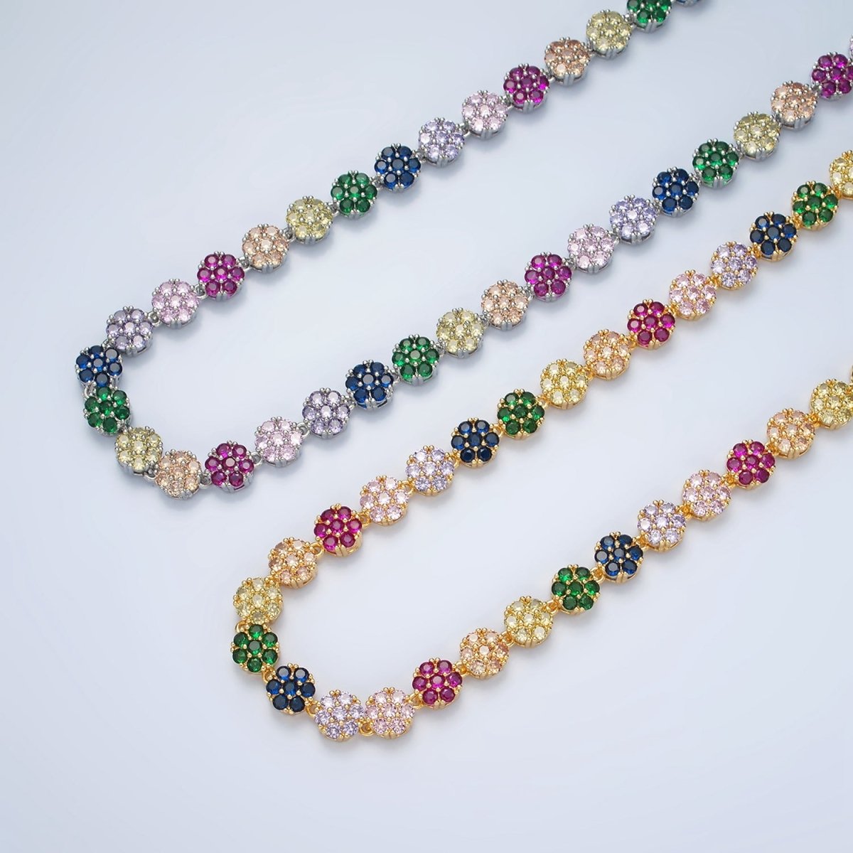 24K Gold Filled 7.8mm Multicolor CZ Flower 15.5 Inch Choker Necklace in Gold & Silver | WA-2564