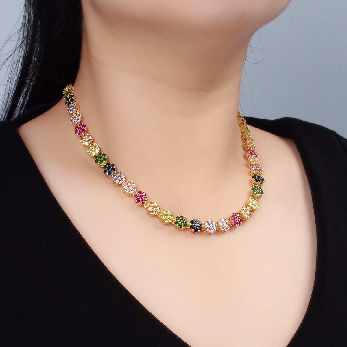 24K Gold Filled 7.8mm Multicolor CZ Flower 15.5 Inch Choker Necklace in Gold & Silver | WA-2564
