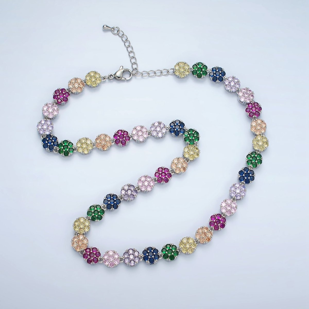 24K Gold Filled 7.8mm Multicolor CZ Flower 15.5 Inch Choker Necklace in Gold & Silver | WA-2564