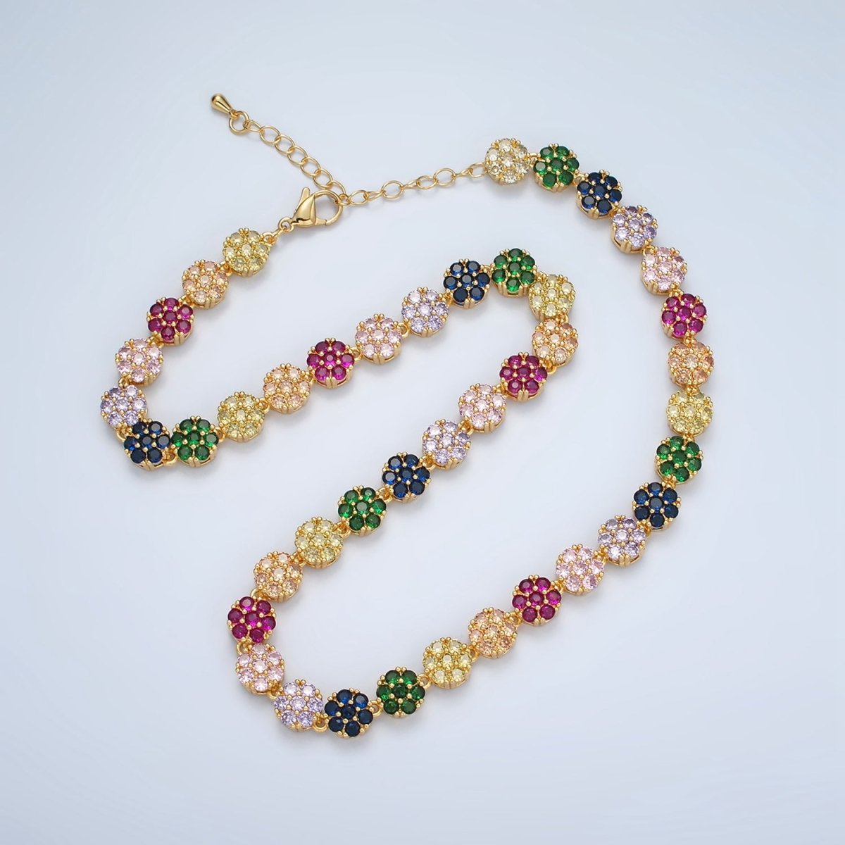 24K Gold Filled 7.8mm Multicolor CZ Flower 15.5 Inch Choker Necklace in Gold & Silver | WA-2564