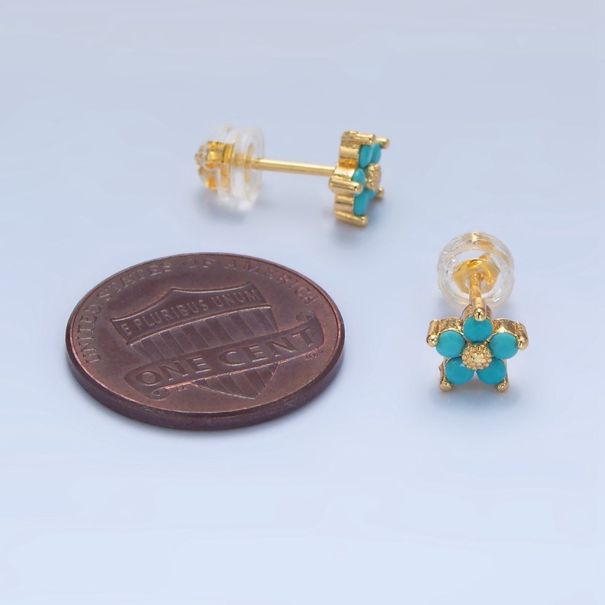 24K Gold Filled 7mm Turquoise CZ Flower Mini Stud Earrings | AD729