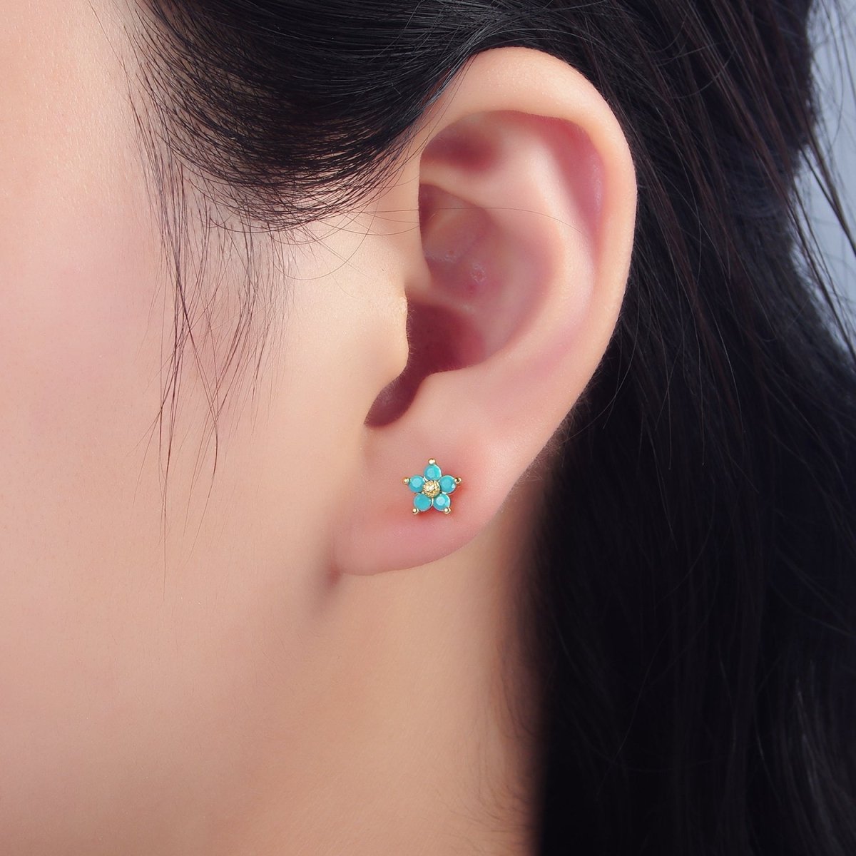 24K Gold Filled 7mm Turquoise CZ Flower Mini Stud Earrings | AD729