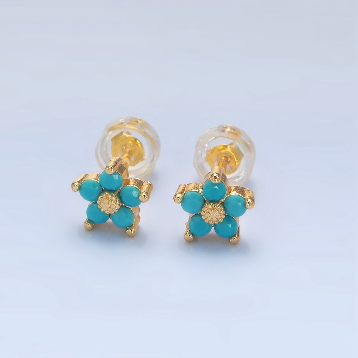 24K Gold Filled 7mm Turquoise CZ Flower Mini Stud Earrings | AD729