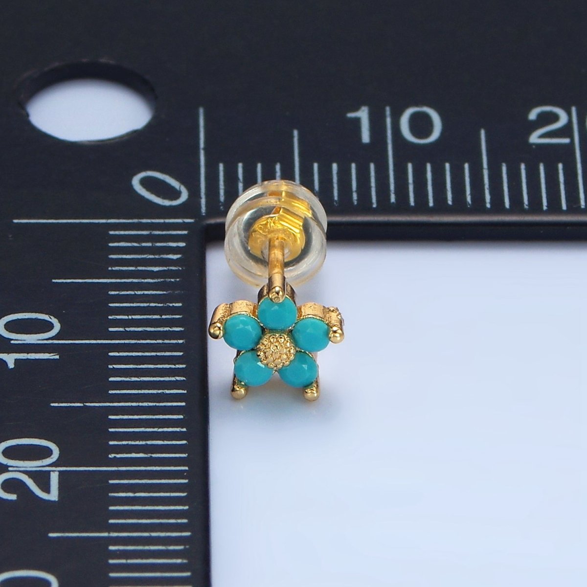 24K Gold Filled 7mm Turquoise CZ Flower Mini Stud Earrings | AD729