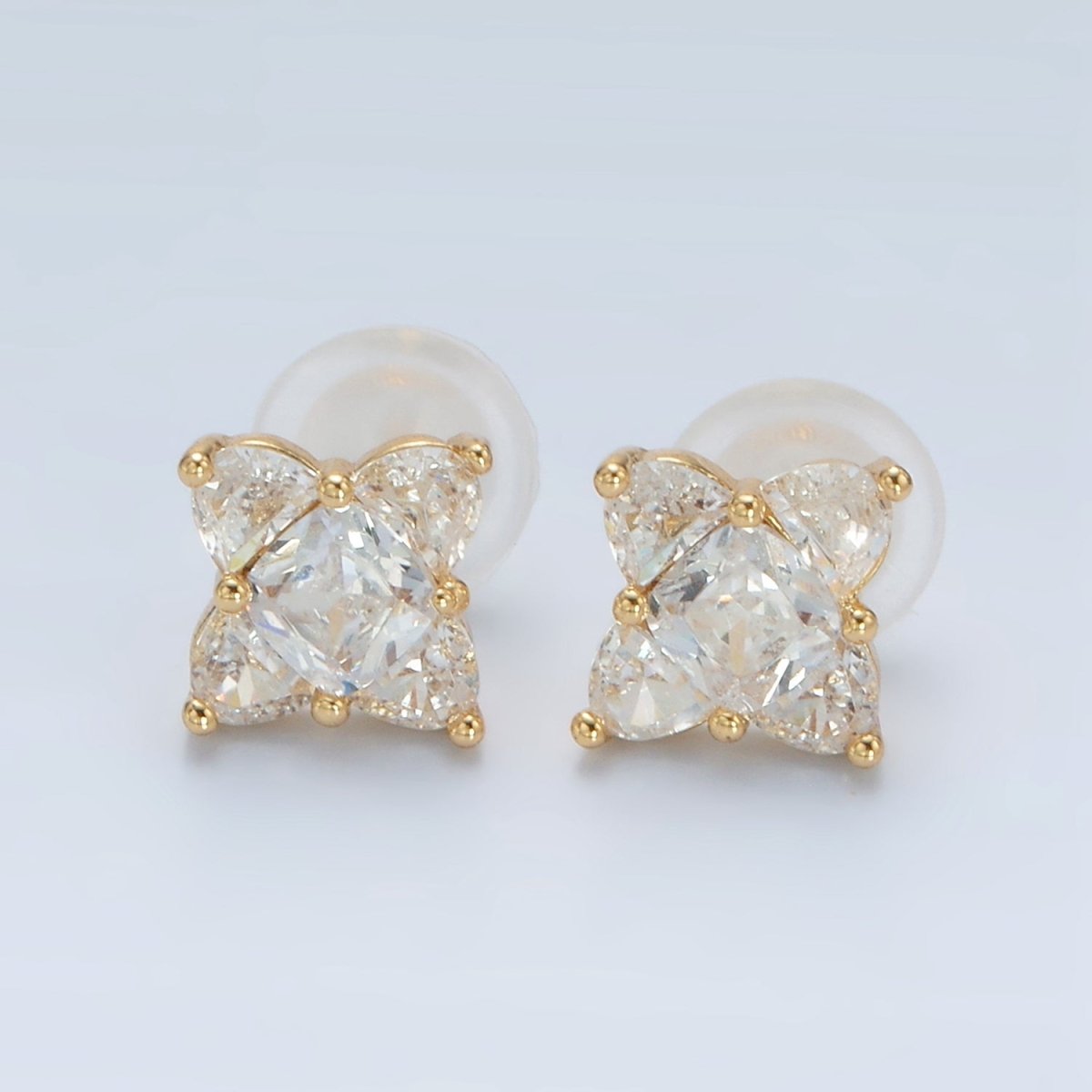 24K Gold Filled 8.8mm Clear CZ Geometric Flower CZ Stud Earrings | T302