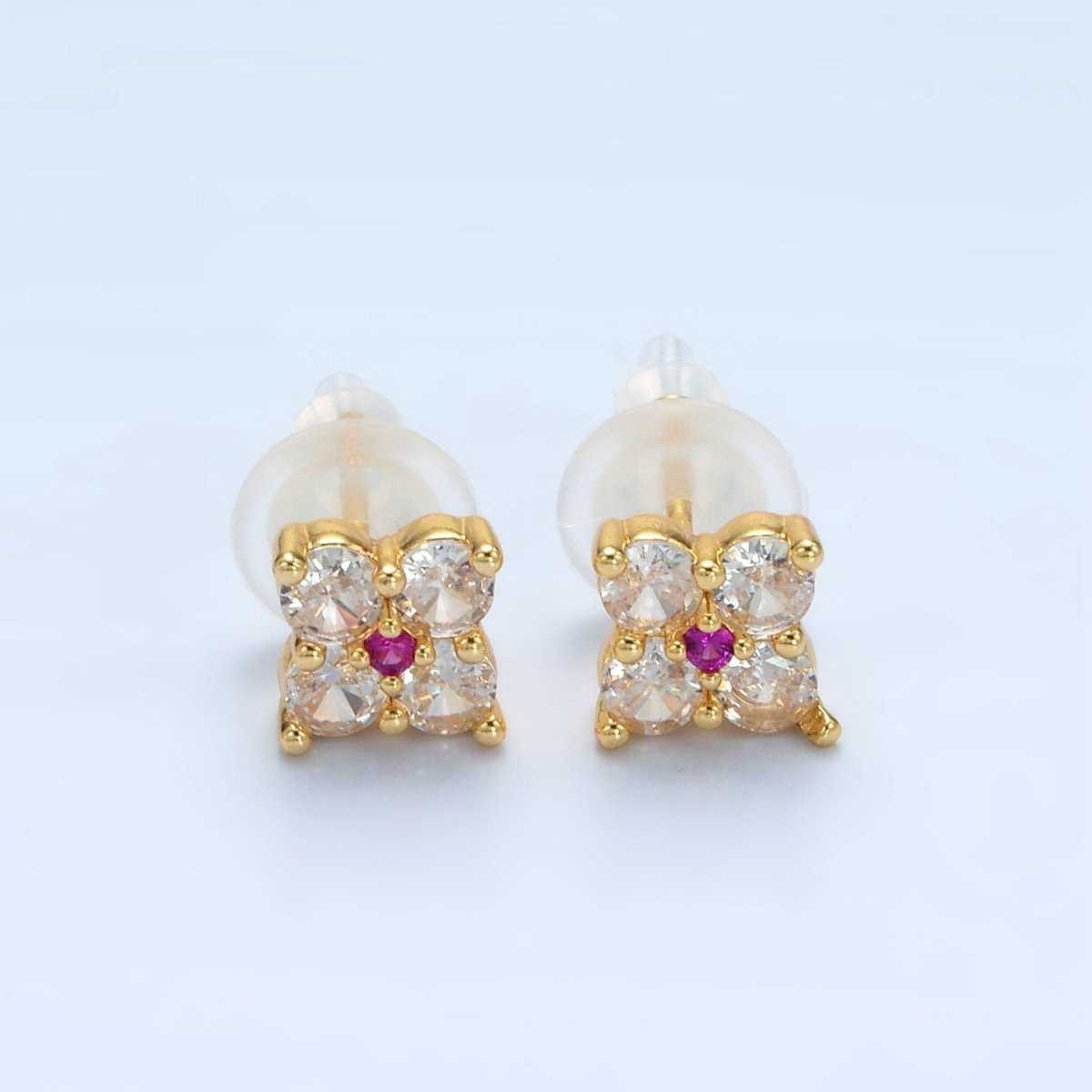 24K Gold Filled 8mm Fuchsia Clear CZ Flower Petal Stud Earrings | T283