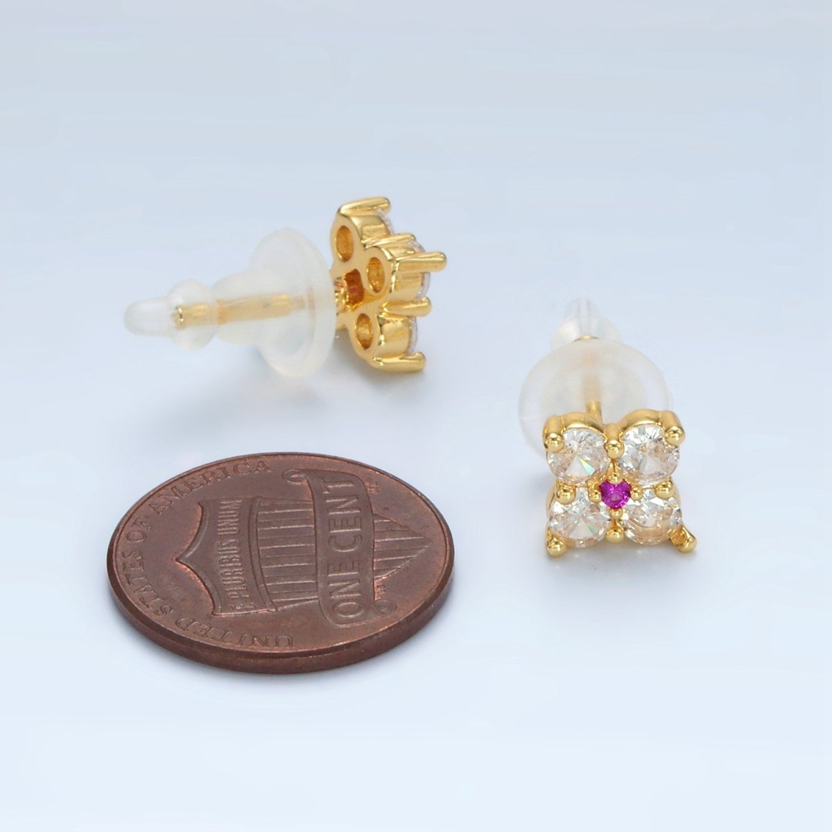 24K Gold Filled 8mm Fuchsia Clear CZ Flower Petal Stud Earrings | T283