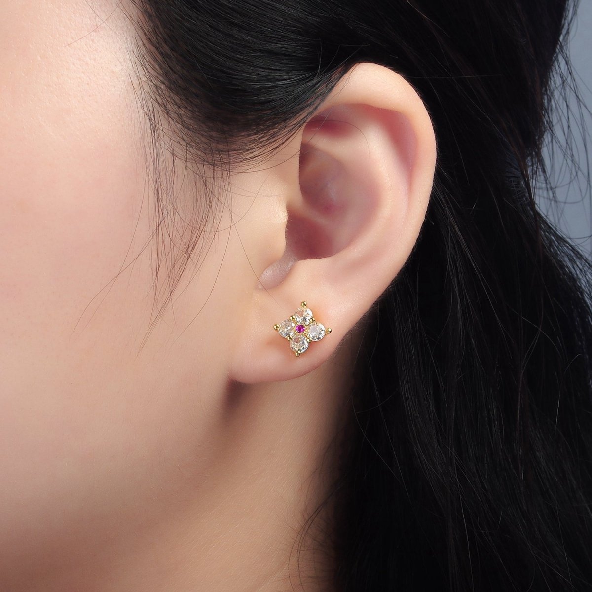 24K Gold Filled 8mm Fuchsia Clear CZ Flower Petal Stud Earrings | T283