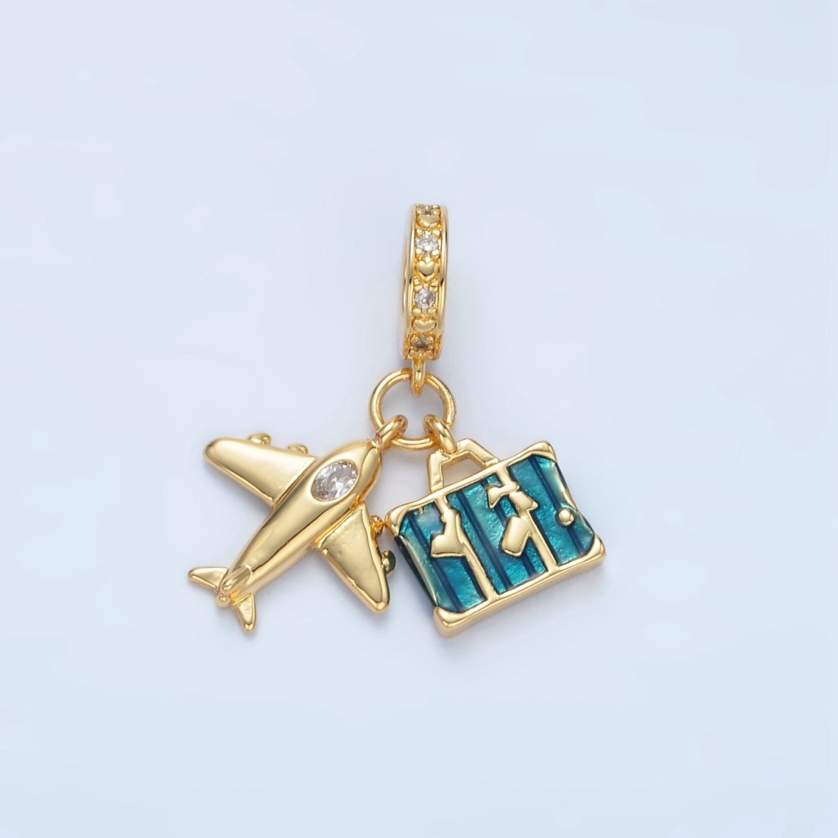 24K Gold Filled Airplane Suitcase Micro Paved CZ Rhondelle Bail Drop Travel Pendant | E362