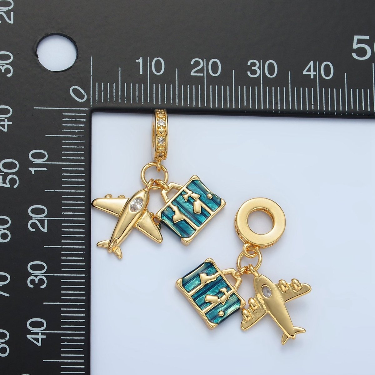 24K Gold Filled Airplane Suitcase Micro Paved CZ Rhondelle Bail Drop Travel Pendant | E362